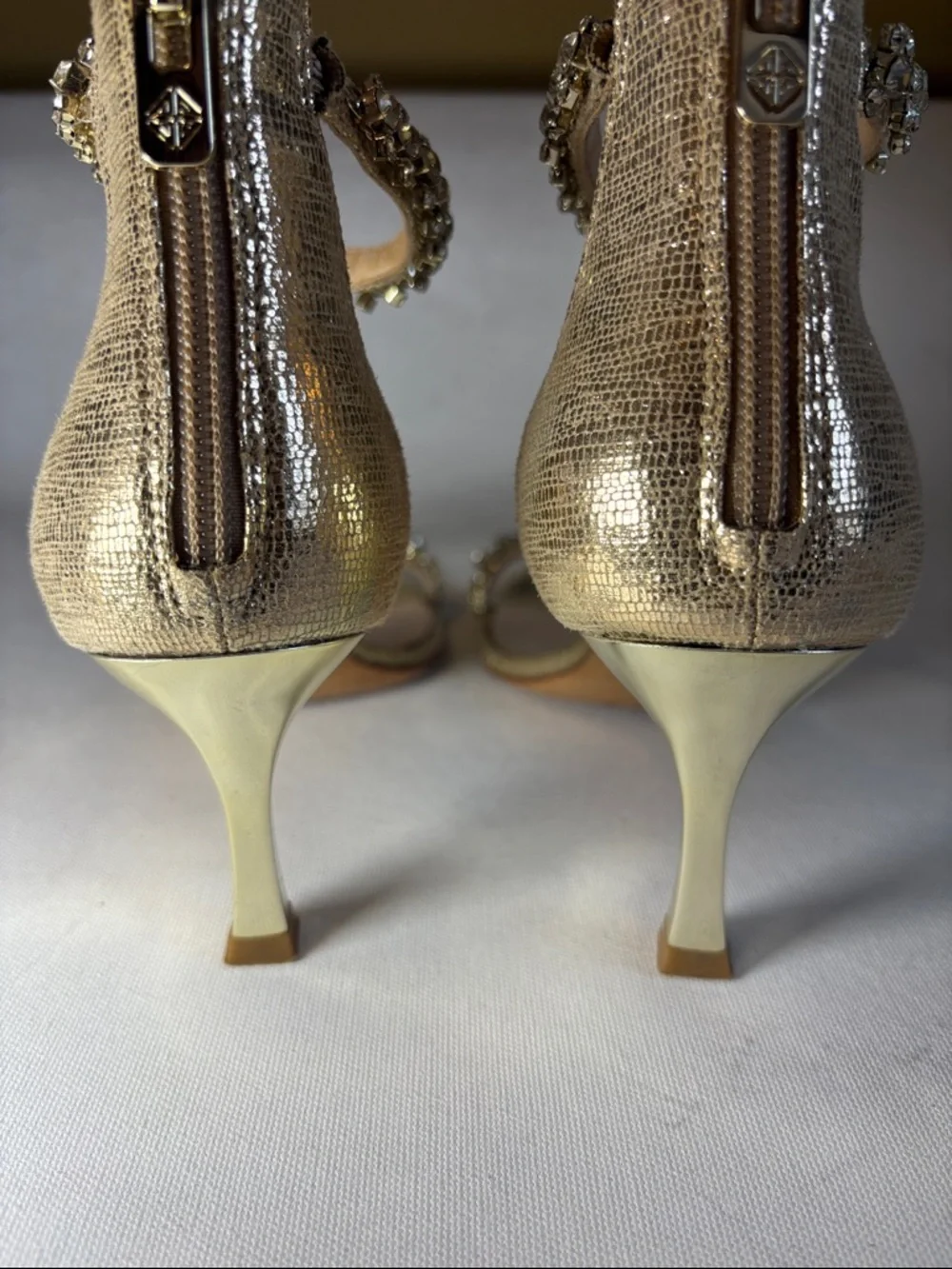 ANTONIO MELANI Gold Rhinestone Ankle-Strap Heels, size 7.5